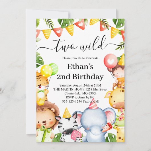 ワイルドジャングルサファリ動物の2歳誕生日パーティー 招待状 (正面)