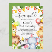 ワイルドジャングルサファリ動物の2歳誕生日パーティー 招待状 (正面/裏面)