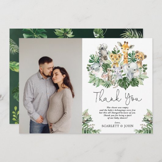 ワイルドジャングルサファリ動物トロピカルベイビーシャワー サンキューカード (正面/裏面)