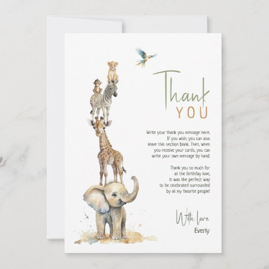 ワイルドジャングルサファリ動物 縦 キッズ誕生日 サンキューカード (正面)