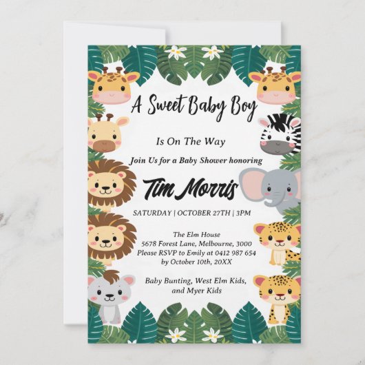 ワイルドジャングルサファリ男の赤ちゃんシャワー 招待状 (正面)