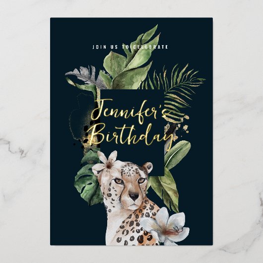 ワイルドジャングルヒョウ任意の年齢の誕生日パーティー 箔招待状 (正面)