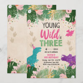 ワイルドスリーディノパーティーガールピンクディゾロウ誕生日 招待状 (正面/裏面)