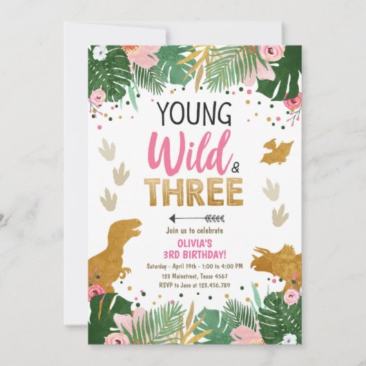 ワイルドスリーディノパーティーガールピンク恐竜誕生日 招待状 (正面)
