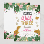 ワイルドスリーディノパーティーガールピンク恐竜誕生日 招待状 (正面/裏面)