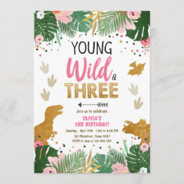 ワイルドスリーディノパーティーガールピンク恐竜誕生日 招待状