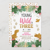 ワイルドスリーディノパーティーガールピンク恐竜誕生日 招待状 (正面/裏面)