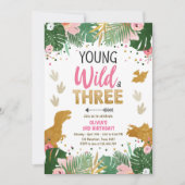 ワイルドスリー恐竜パーティーガールピンク恐竜誕生日 招待状 (正面)