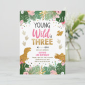 ワイルドスリー恐竜パーティーガールピンク恐竜誕生日 招待状 (スタンド正面)