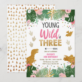 ワイルドスリー恐竜パーティーガールピンク恐竜誕生日 招待状