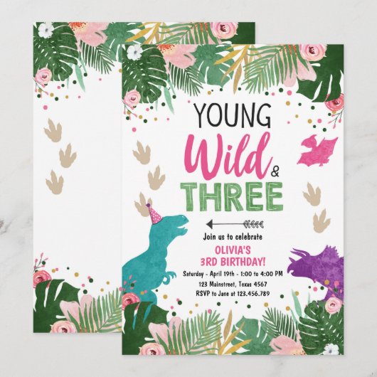 ワイルドスリー恐竜パーティーガール ピンク恐竜誕生日 招待状 (正面/裏面)