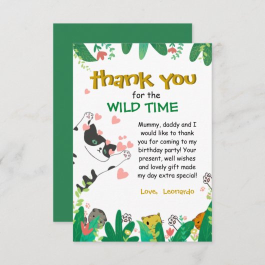 ワイルドタイムキュートキティキャットグリーンサンキューカード サンキューカード (正面/裏面)
