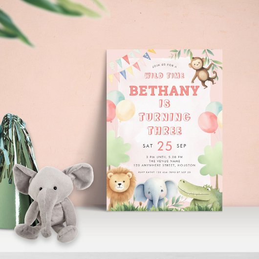 ワイルドタイムジャングル3rd誕生日パーティーピンク 招待状