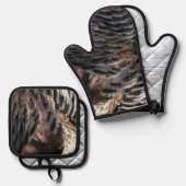 ワイルドターキーフェザーI抽象芸術自然デザイン 鍋つかみ&鍋敷きセット (正面/裏面)