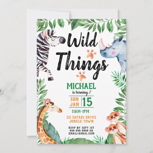 ワイルドツサファリアニマル子供の誕生日 招待状 (正面)