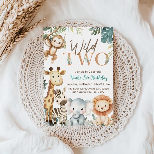 ワイルドツーサファリ 動物の男の子の誕生日パーティー 招待状