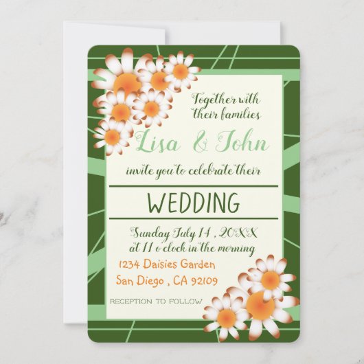 ワイルドデイジーズフォレストグリーンセージ結婚式招待状 (正面)