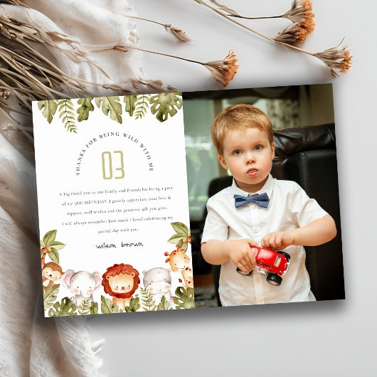 ワイルドトロピカルサファリ動物キッズフォト誕生日 サンキューカード