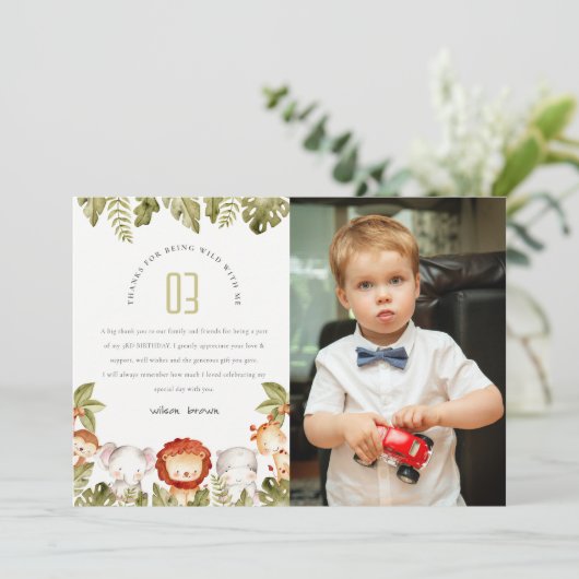 ワイルドトロピカルサファリ動物キッズフォト誕生日 サンキューカード (スタンド正面)