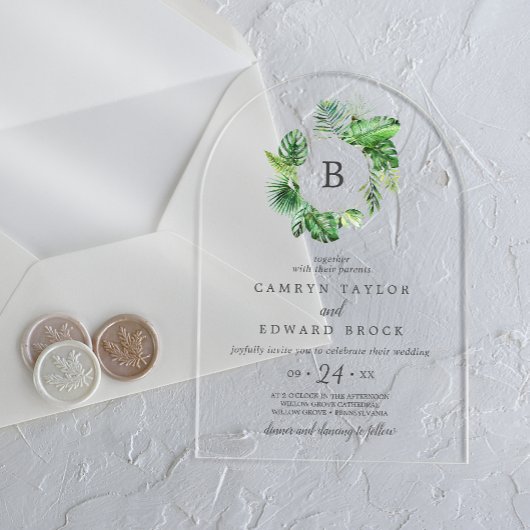 ワイルドトロピカルパームアーチデスティネーションビーチ結婚式 アクリル招待状