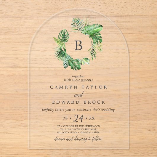 ワイルドトロピカルパームアーチデスティネーションビーチ結婚式 アクリル招待状 (正面)