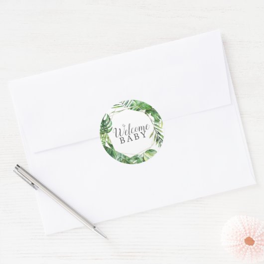 ワイルドトロピカルパームウェルカムベビーシャワーステッカー ラウンドシール (封筒)