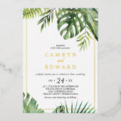 ワイルドトロピカルパームゴールドフォイルカジュアルフレ結婚ーム 箔招待状 (正面)