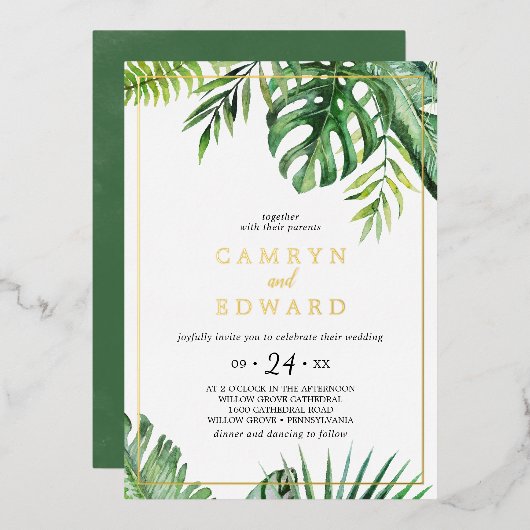 ワイルドトロピカルパームゴールドフォイルカジュアルフレ結婚ーム 箔招待状 (正面/裏面)