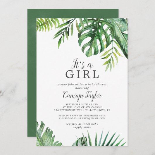 ワイルドトロピカル女の子ベビーシャワー招待状 招待状 (正面/裏面)
