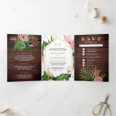 ワイルドトロピカル金ゴールド赤面ピンクフローラウッド結婚ズ 三つ折り招待状 (内部)