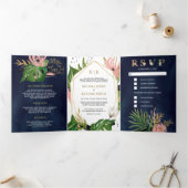 ワイルドトロピカル金ゴールド赤面ピンクフローラネイビー結婚ズ 三つ折り招待状 (内部)