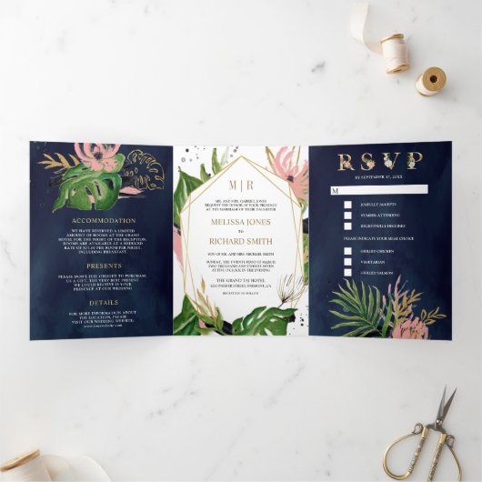 ワイルドトロピカル金ゴールド赤面ピンクフローラネイビー結婚ズ 三つ折り招待状 (内部)