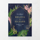 ワイルドトロピカル金ゴールド赤面ピンクフローラネイビー結婚ズ 三つ折り招待状 (カバー)