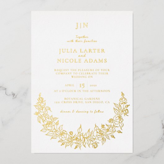 ワイルドバラフローラ花びらガーデンアジ結婚ーズ 箔招待状 (正面)