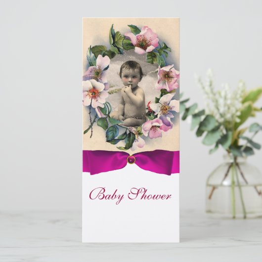 ワイルドバラ及びピンクボウ赤ちゃんシャワー写真テンプレート 招待状 (スタンド正面)