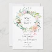 ワイルドバラ水カラーフローラガーランド日付を保存 招待状 (正面)