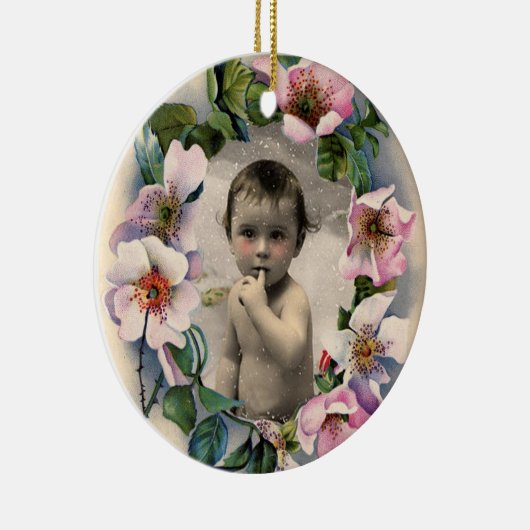 ワイルドバラ、ピンクジェムベビーシャワー写真テンプレート セラミックオーナメント (右)