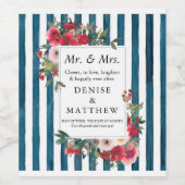 ワイルドバラ&ミッドナイトティール（緑がかった色）ストライプワインラベル ワインラベル (シングルラベル)