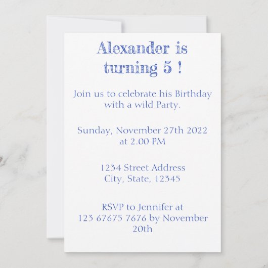 ワイルドバースデーパーティーのチーテパーソナライズされたー 招待状 (裏面)