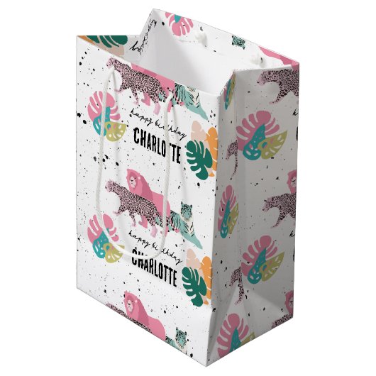 ワイルドバースデーパーティージャングルアニマルズ子供の誕生日 ミディアムペーパーバッグ (正面アングル)