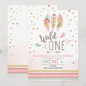 ワイルドバースデー ガール ピンク ゴールド 1歳 ボーホー フェザー 招待状 (正面/裏面)