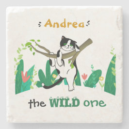 ワイルドパーソナライズされたワンツキセド猫キッズ1歳の誕生日 ストーンコースター