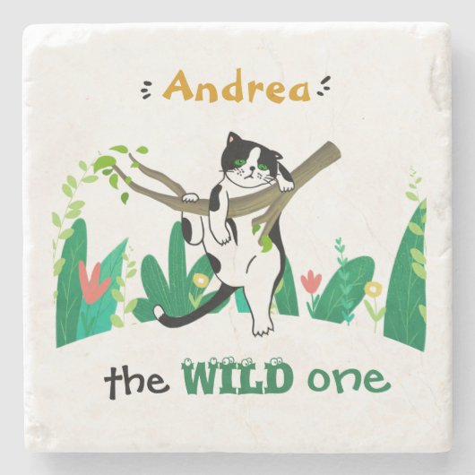 ワイルドパーソナライズされたワンツキセド猫キッズ1歳の誕生日 ストーンコースター (正面)