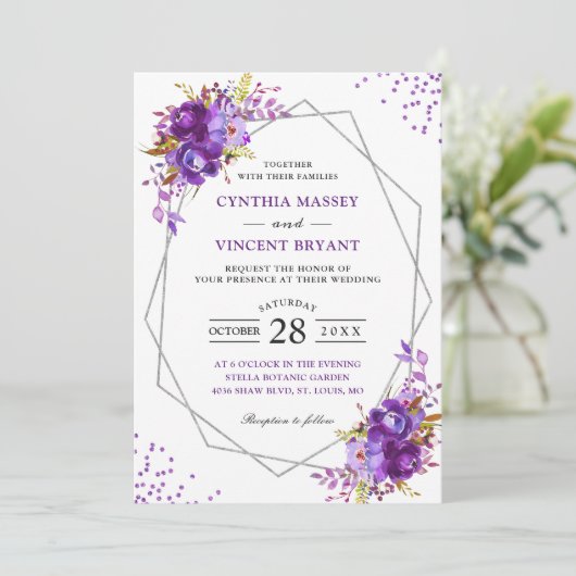 ワイルドパープルモダンフローラジオメト結婚リックフレーム 招待状 (スタンド正面)