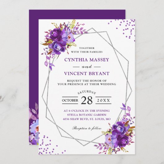 ワイルドパープルモダンフローラジオメト結婚リックフレーム 招待状 (正面/裏面)
