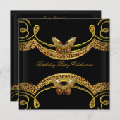 ワイルドヒョウ黒金ゴールド誕生日パーティー 招待状 (正面/裏面)