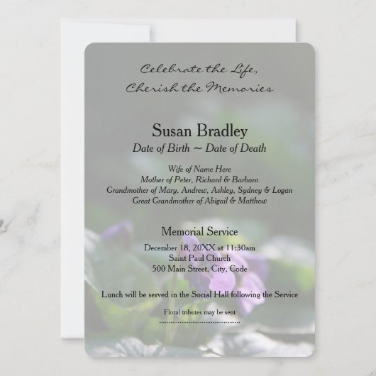 ワイルドビオレットお祝いのライフ葬儀カード 招待状 (裏面)