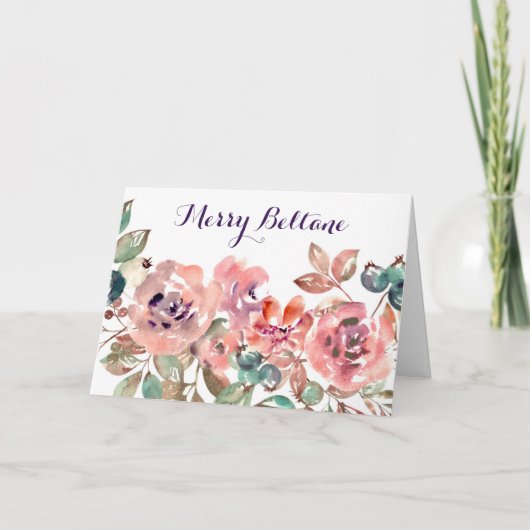 ワイルドピンクの花とベリーウォーターカラーベルタン シーズンカード (正面)