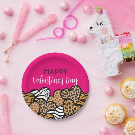 ワイルドピンクアニマルプリントハートバレンタインデーパーティー ペーパープレート (パーティー)