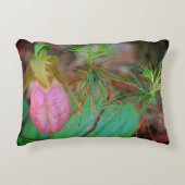 ワイルドピンクレディスリッパーオーキッドとエバーグリーン アクセントクッション (正面)